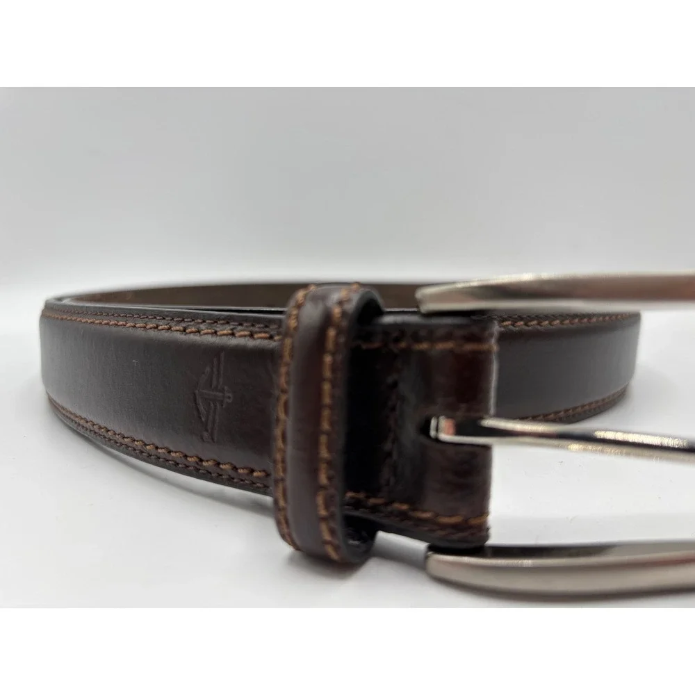 Dockers Men's Brown Leather Belt Size 44 Silver-Tone Buckle Contrast Stitching